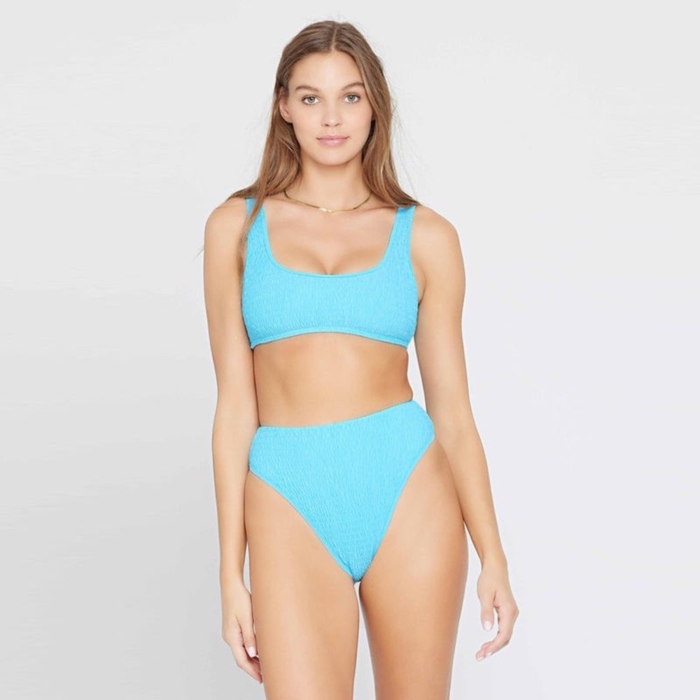 L Space Smocked Bikini Set Blue Aquarius Izzie Top Barlette Bikini Bottom Small